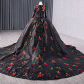 Black Ball Gown Quinceanera Dress Long Sleeves Red Rose Sweet 16 Dress